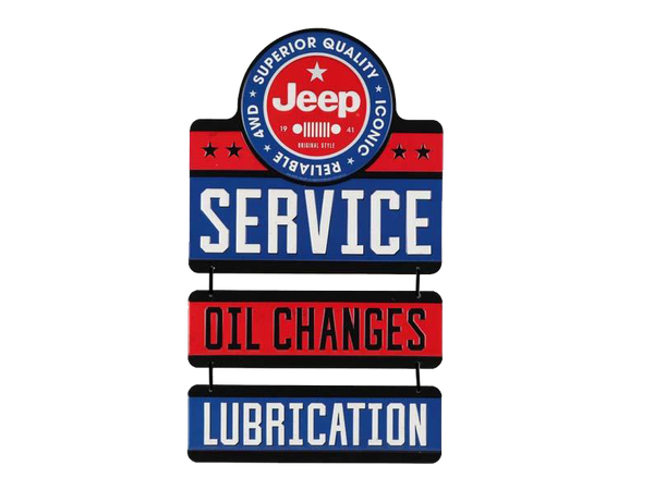 Blechschild Jeep® "Service Oil Changes" Format: ca. 230 x 380 mm, Farbe: Blau/Rot/Weiß